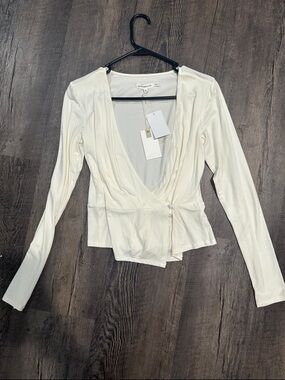 Good American Cream Wrap Front Long Sleeve Top